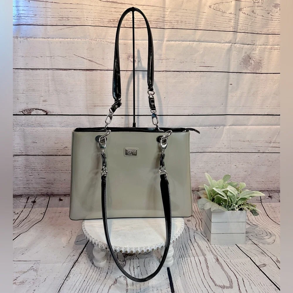 Biejo Classic Elegant Metallic Taupe and Black Shoulder Tote Bag - Picture 4 of 14